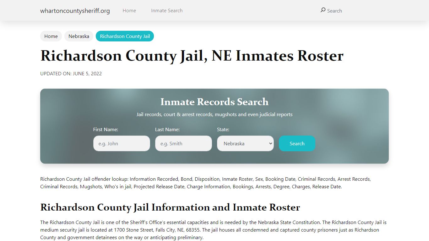 Richardson County Jail, NE Jail Roster, Name Search